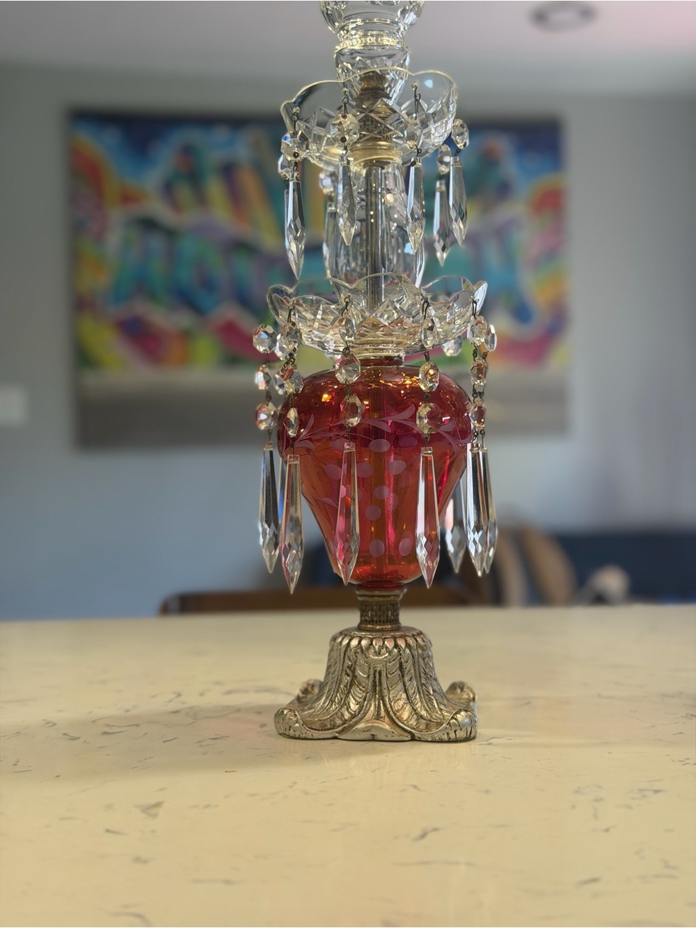 Vintage Pair GIM Cranberry Glass Hurricane Candle Lamps Crystal Prisms Boudoir - Picture 14 of 16